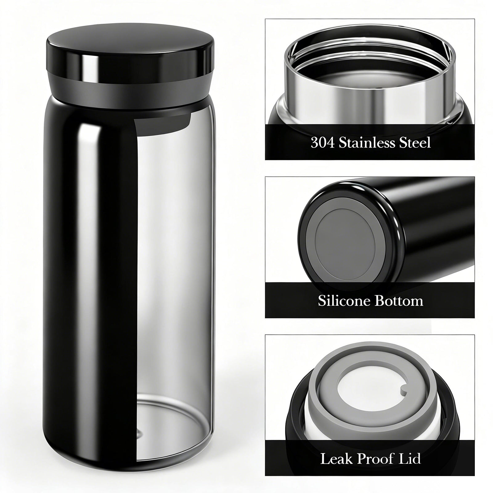 Linkidea 7oz (200ml) Mini Water Bottle, Vacuum Insulated Stainless Steel Bottle for Hot & Cold Drinks, Spill-Proof Small Bottle Fit Handbag, Purse and Pocket (Black)