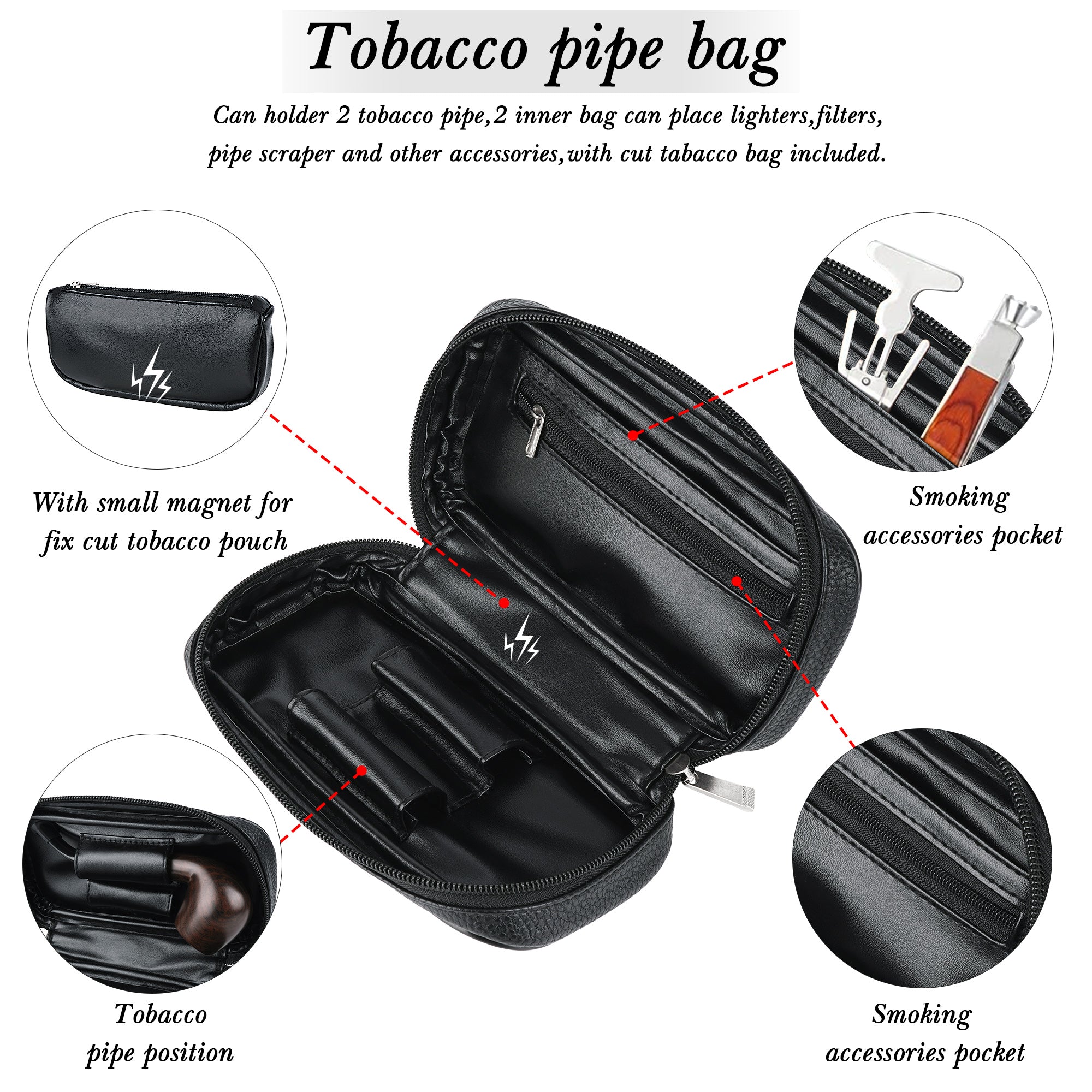 Linkidea Vegan Leather Tobacco Pipe Bag, Travel Pipe Organizer Pouch for Tobacco Pipes & Accessories, Portable Protective Storage Case for Gifts (Black)