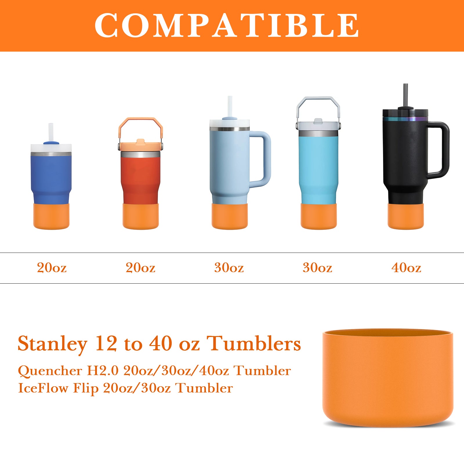 Linkidea 2 Pack Water Bottle Boot Compatible with Stanley Quencher H2.0 20oz/30oz/40oz, IceFlow Flip 20oz/30oz, Silicone Water Bottle Bottom Sleeve Cover Bumper Protector (Orange)