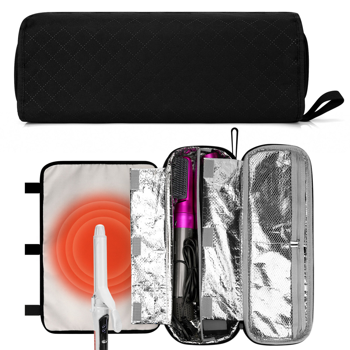 Linkidea Curling Iron Travel Bag, Hair Tools Organizer with 2 Compartments and Removable Pad, Compact Carrying Case for Storage and Travel, Black