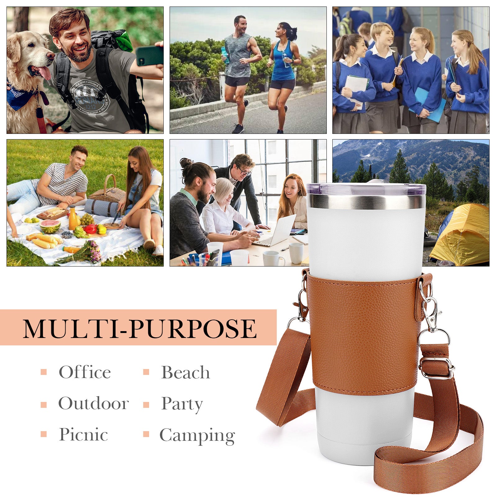 Linkidea Vegan Leather Tumbler Carrier With Strap Compatible with IRON FLASK Classic 24oz, Simple Modern Tumbler, Cup Sling Bag Holder, Shoulder Strap, Light Brown