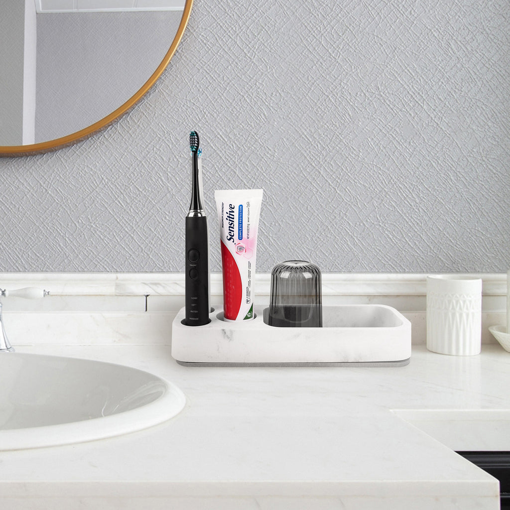 Linkidea Countertop Toothbrush Holder, Diatomite Tooth Brush Stand for Manual Toothbrush, Toothpaste, Razor, Vanity Organizer Compatible with Philip Sonicare, Oral-B iO Series (White)