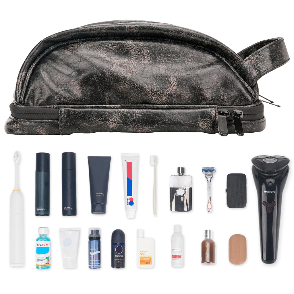 Linkidea Men's Toiletry Travel Bag, Water-Resistant PU Grooming Shaving Organizer for Business Trip with Wet Pocket, Travel Accessories Toiletry Bag (Black)
