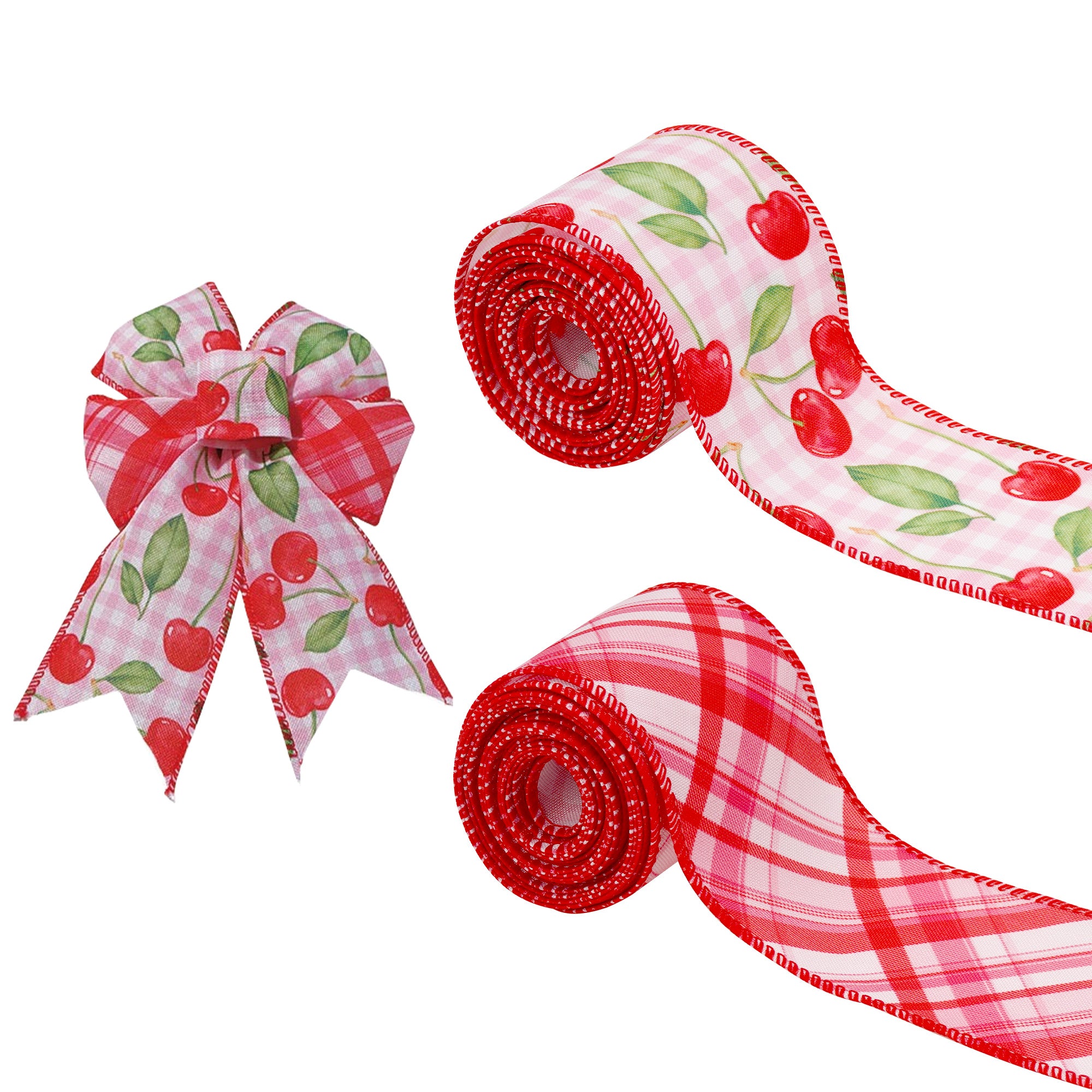 Linkidea Cherry Plaid Ribbon for Crafts, 2 Rolls Decorative Wired Edge Ribbon for Bows, Wreaths, Gift Wrapping, DIY Decoration (Red, 2.4 Inch x 10 Yards Each)