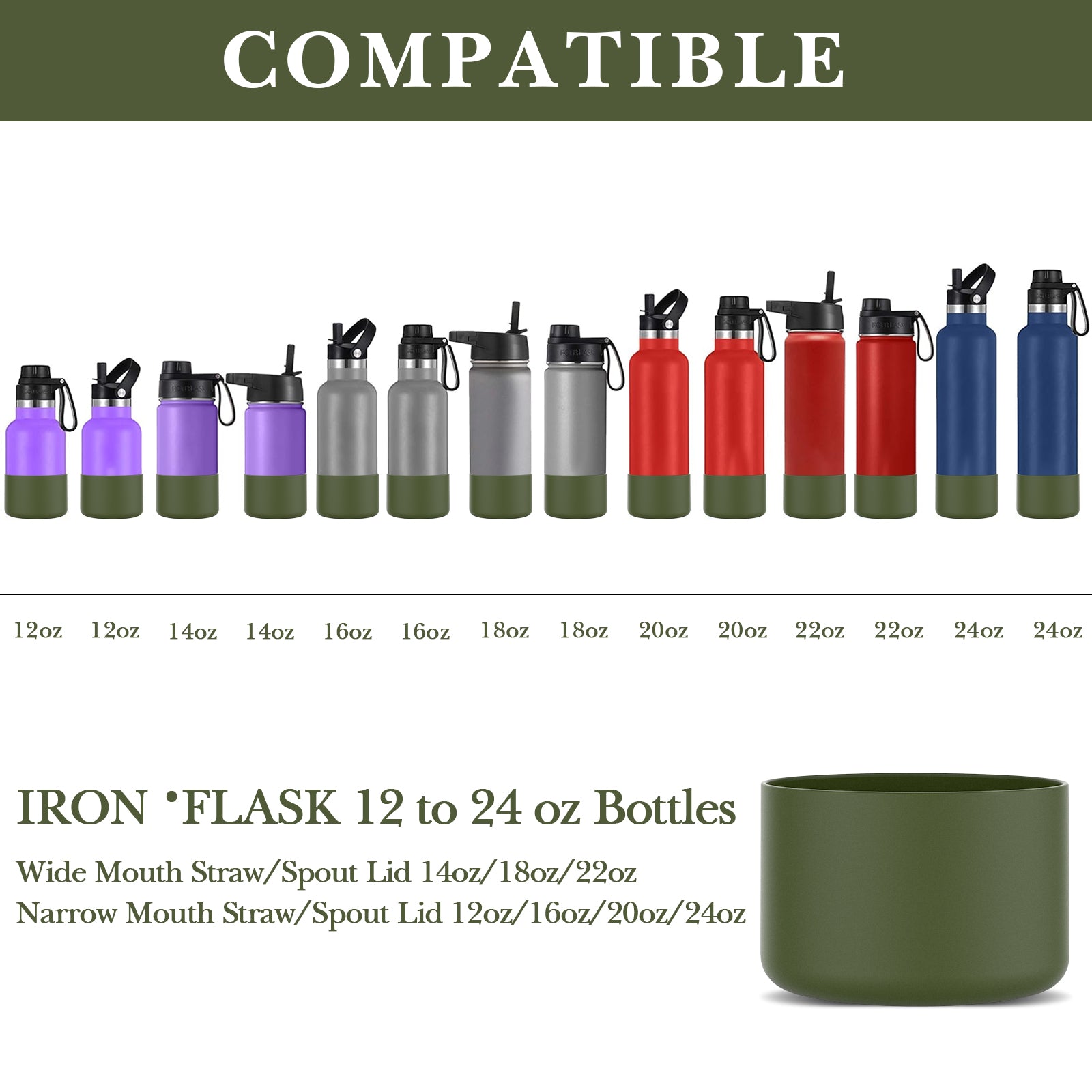 Linkidea 2 Pack Water Bottle Boot Compatible with IRON °FLASK Wide/Narrow Mouth 12oz/14oz/16oz/18oz/20oz/22oz/24oz, Silicone Bottle Bottom Sleeve Cover Bumper Protector (Army Green)