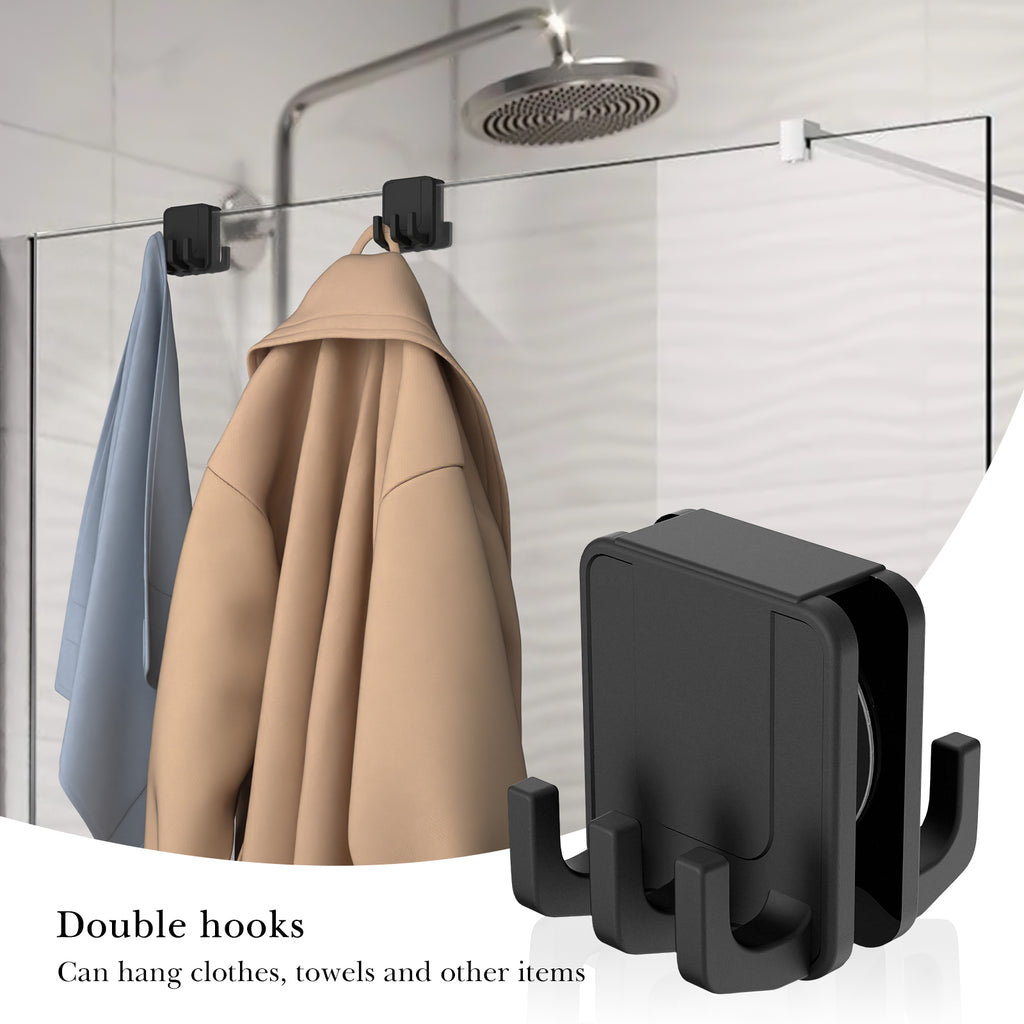 Linkidea 2 Pcs Shower Hooks, Silicone Double Side Towel Hooks for Shower Glass Window & Door, No Drill Strong Adhesive Suction Cup Shower Hooks Hanger (Black)