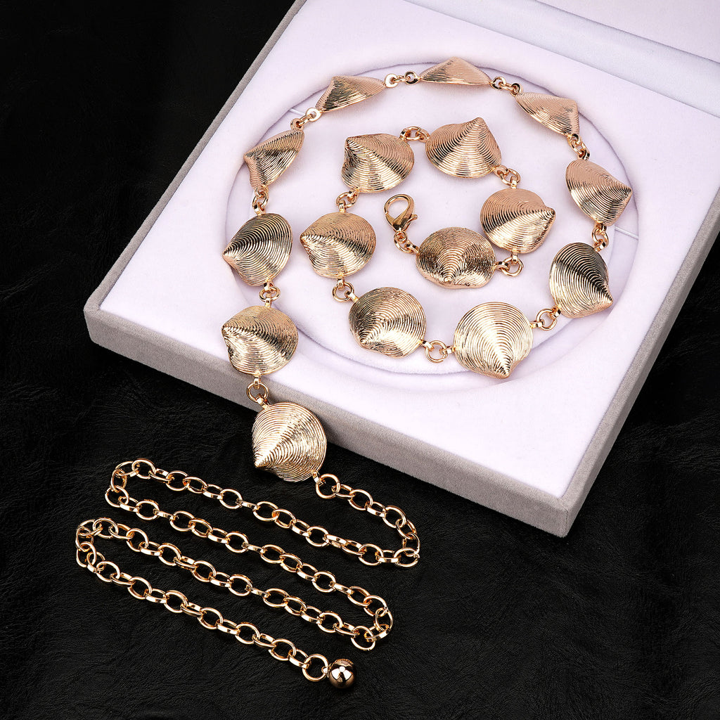 Plus Size Chain Belt for Women, Extra Large Metal Gold Shell Waist Belt, Max 47 Inch Adjustable Chunky Body Chain for Dresses, Party, Casual Wear, Fashion