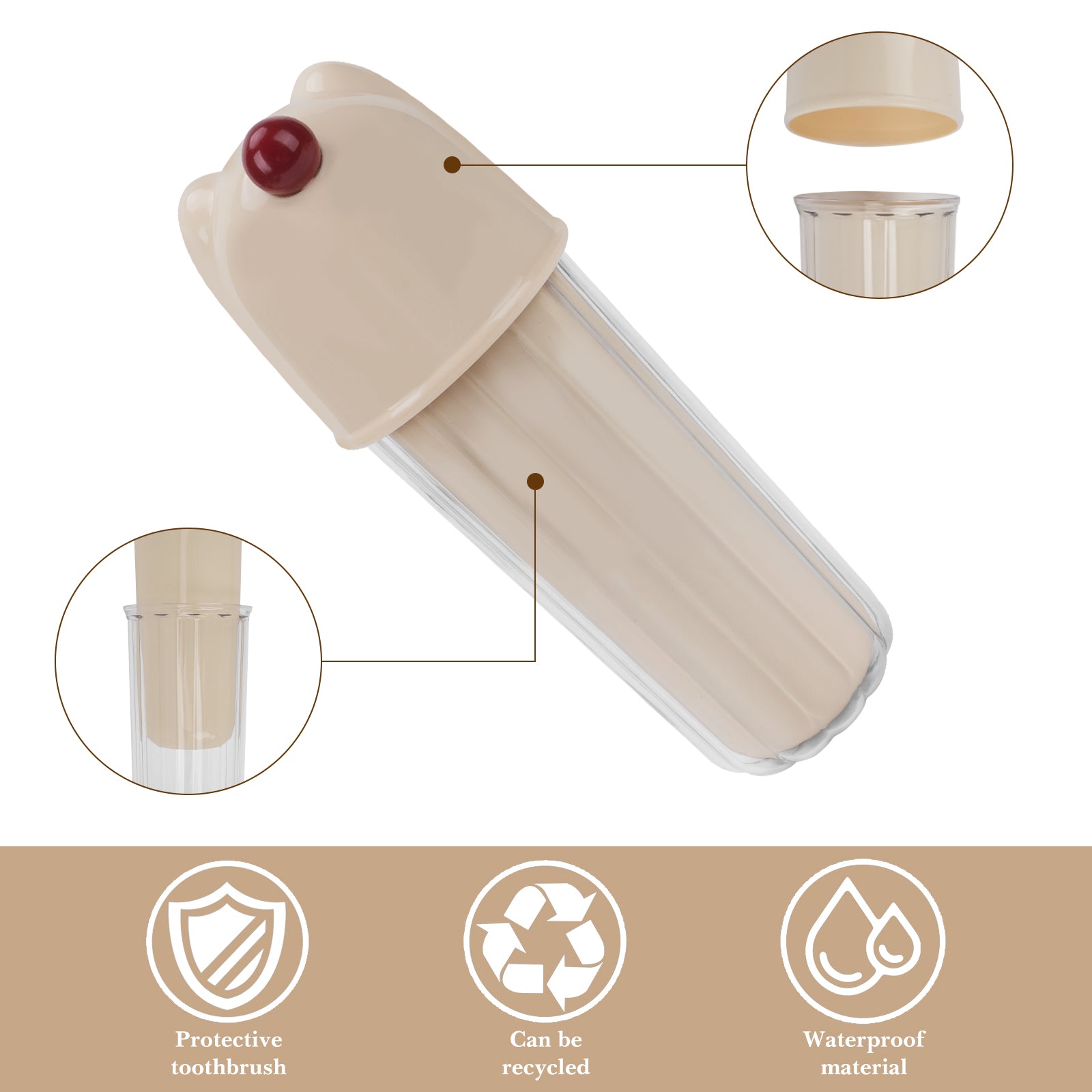 Linkidea Travel Toothbrush Toothpaste Container Cup, 3 in 1 Tooth Brush Holder with Mouthwash Cup, Multifunctional Toothbrush Case Compatible with Colgate Extra Clean, Oral-B CrossAction (Beige)