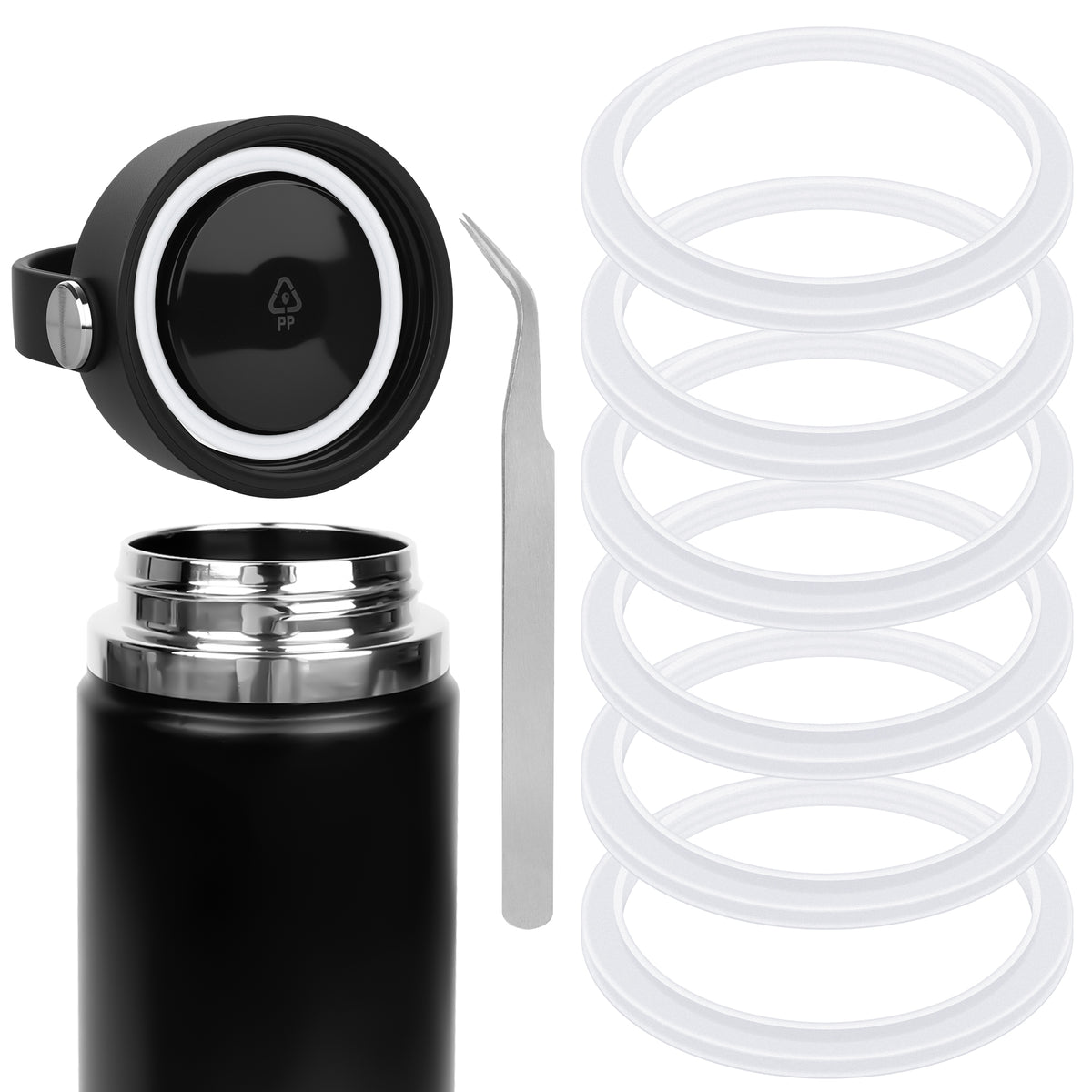 Linkidea 6 Pack Water Bottle Gasket Replacement Compatible with Hydroflask Wide Mouth Bottle Series 20/24/32/40oz, Silicone O Ring Leak Proof Rubber Seal with Tweezer for Bottle Lid, Clear