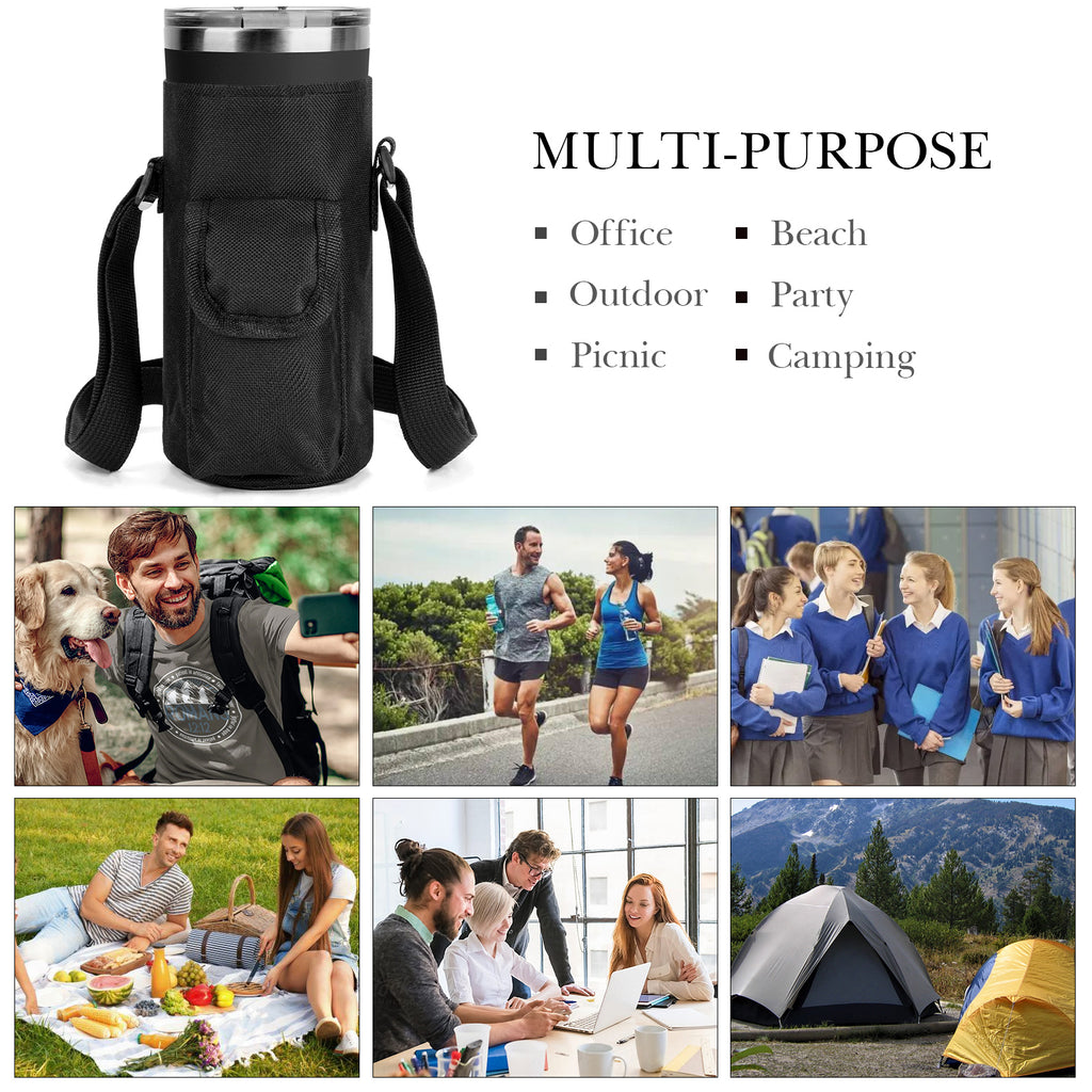 Linkidea Tumbler Carrier with Strap Compatible with YETI Rambler Tumbler 20oz, IRON °FLASK Classic Tumbler 2.0 20/24oz, Coffee Mug Sling Bag Holder, Shoulder Strap with Pocket, Black