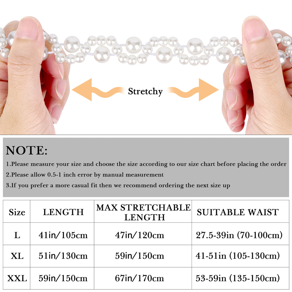 Plus Size Chain Belt for Women, White Pearl Stretchable Extra Long Body Chain, 41 Inch Max Flexible Adjustment Fashion Jewelry Accessory