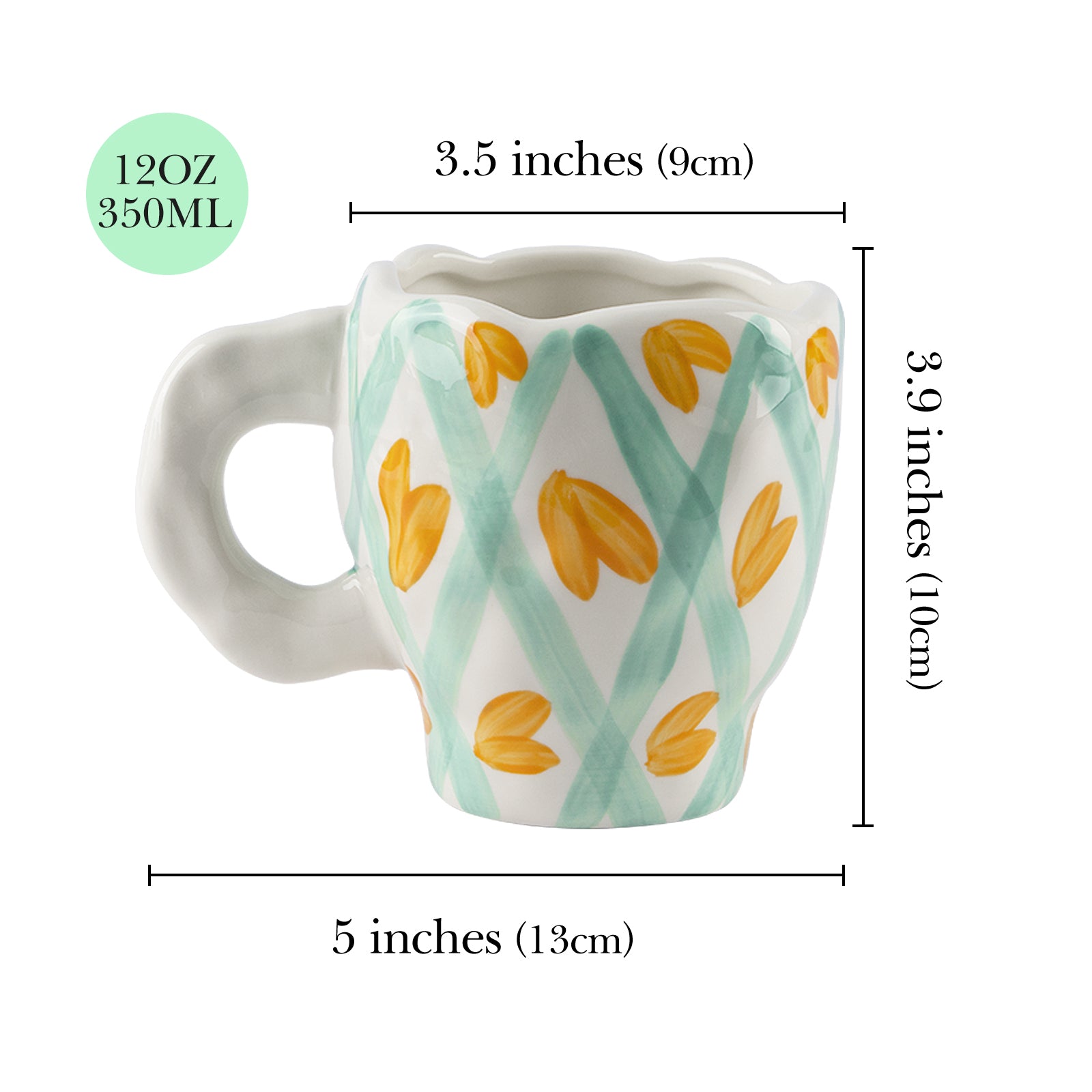 Linkidea Ceramic Coffee Mug, 12oz/350ml Hand-Painted Irregular Coffee Cup, Novelty Teacups with Handles for Beer, Latte, Hot Cocoa, Microwave and Dishwasher Safe (Green Heart Stripes)