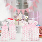 Linkidea 100 Pcs Clear Cellophane Treat Bags with 100 Pink Pre-Tied Bow Twist Ties, 5x7 Inch Food Grade Candy Cookie Goodie Bags for Birthday Party Favor, Wedding, Bakery Gift Wrap