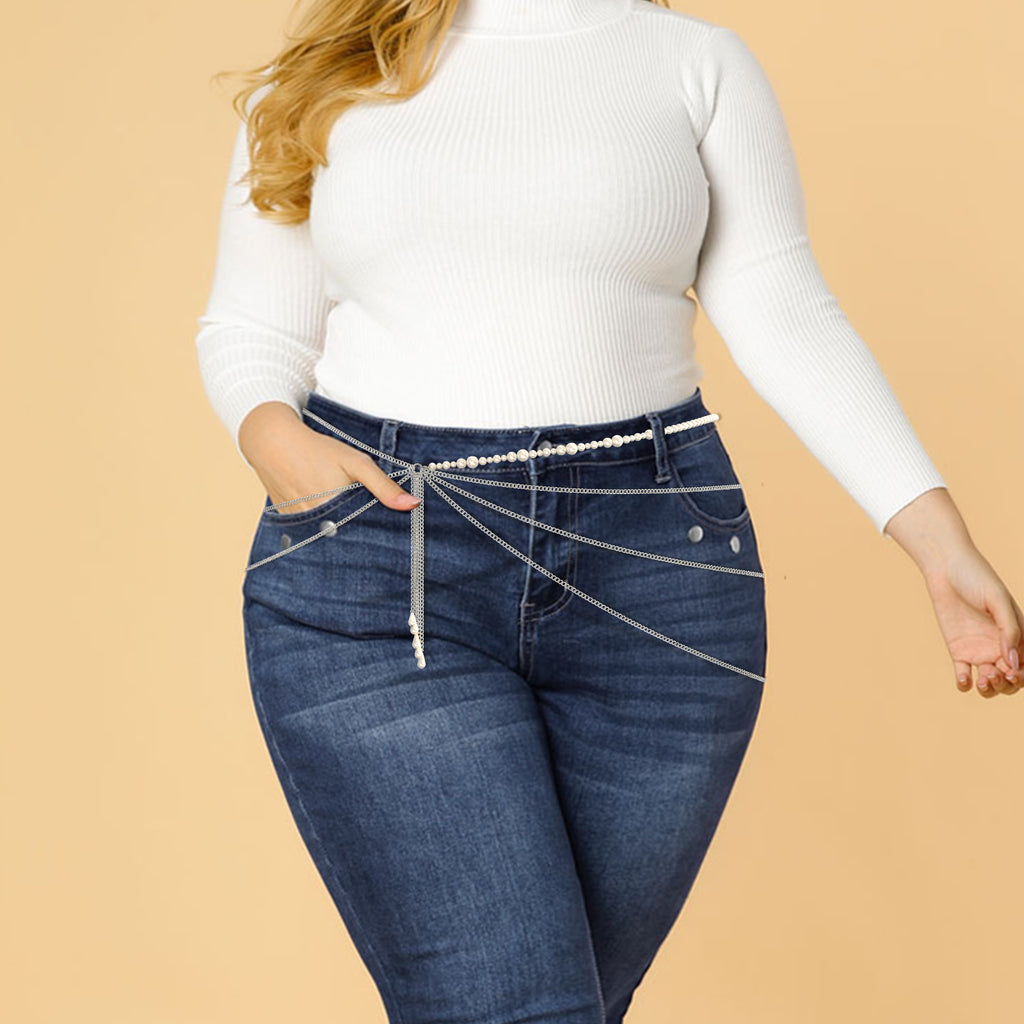 Plus Size Chain Belt for Women, Silver Color and White Faux Pearl Waist Chains, Extra Long Body Chain, 47-59 Inch Adjustable Chunky Belt Chain