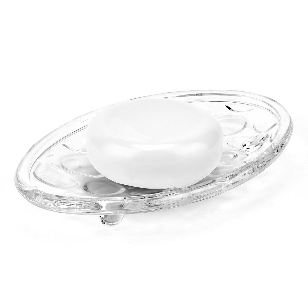 Linkidea Oval Glass Soap Dish with Pebble Design, Countertop Soap Saver for Shower, Bathroom (Clear)
