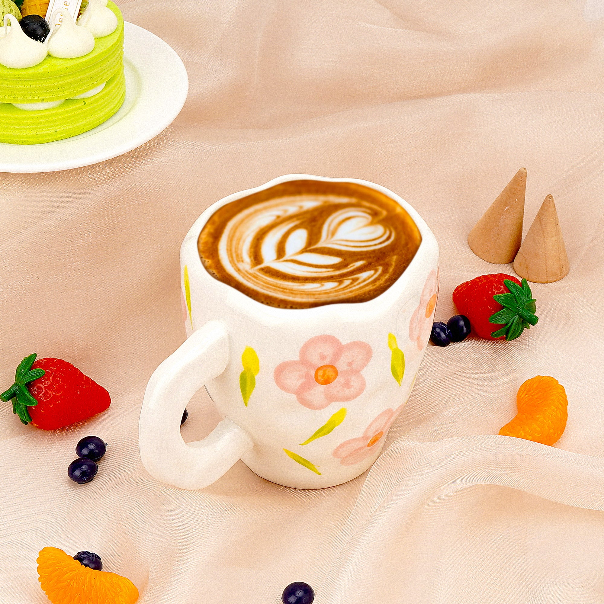 Linkidea Ceramic Coffee Mug, 12oz/350ml Hand-Painted Irregular Coffee Cup, Novelty Teacups with Handles for Beer, Latte, Hot Cocoa, Microwave and Dishwasher Safe (Pink Flower)