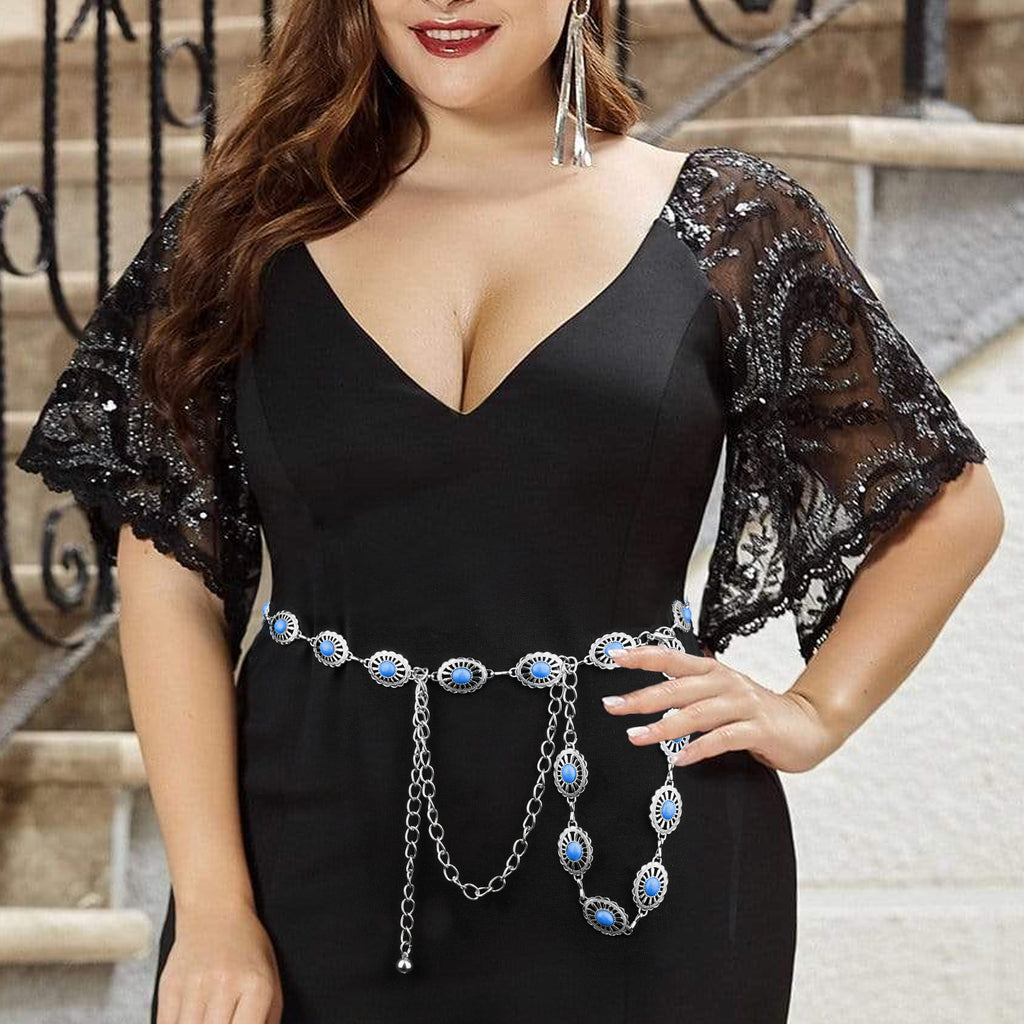 Plus Size Chain Belt for Women, Turquoise Stone Silver Metal Chain Belt Women Belly Waist Chains, Extra Long Body Chain, 59 Inch Adjustable Chunky Belt Chain