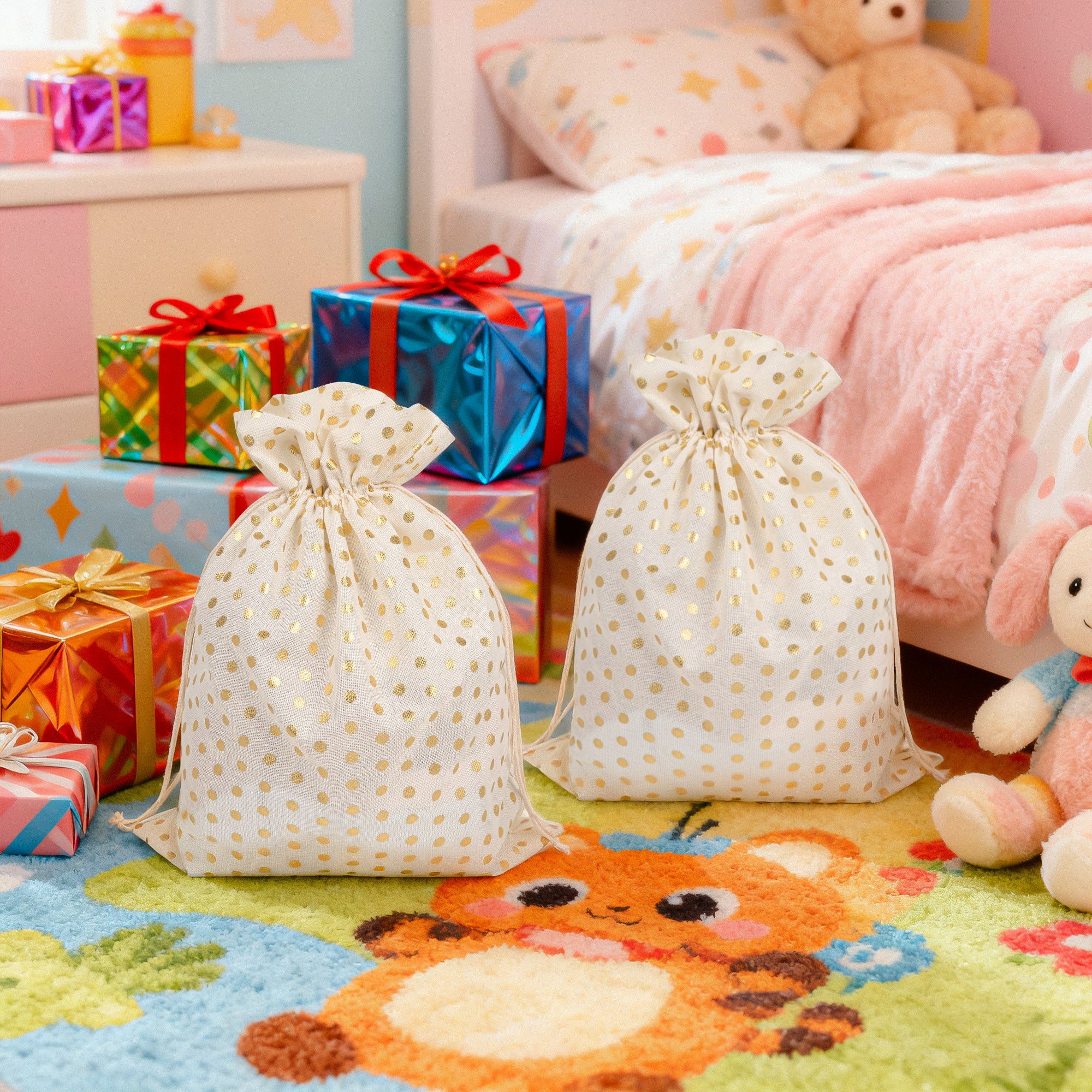 Linkidea 4 Pack Reusable Drawstring Gift Bags, Fabric Party Favor Bags for Birthday, Christmas & Holiday, Toy Storage Pouch for Building Blocks, Bricks & Goodie Bags (Stripes Pattern)