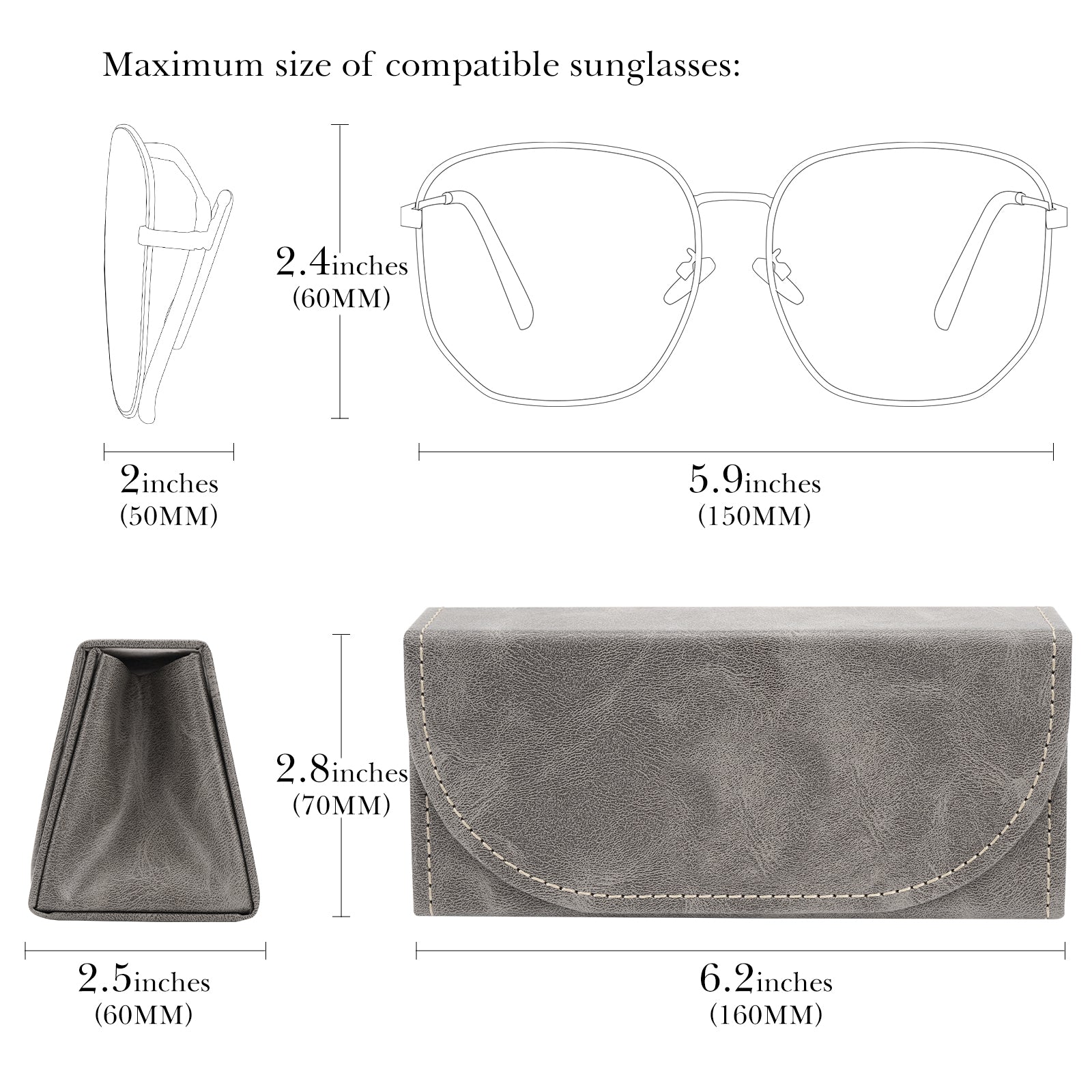 Extra Large Sunglasses Pouch Case, Grey Vegan Leather Eyewear Organizer Soft Bag Compatible with Rayban RB4401D/RBS0101S/RB8097/RB8089/RB4098