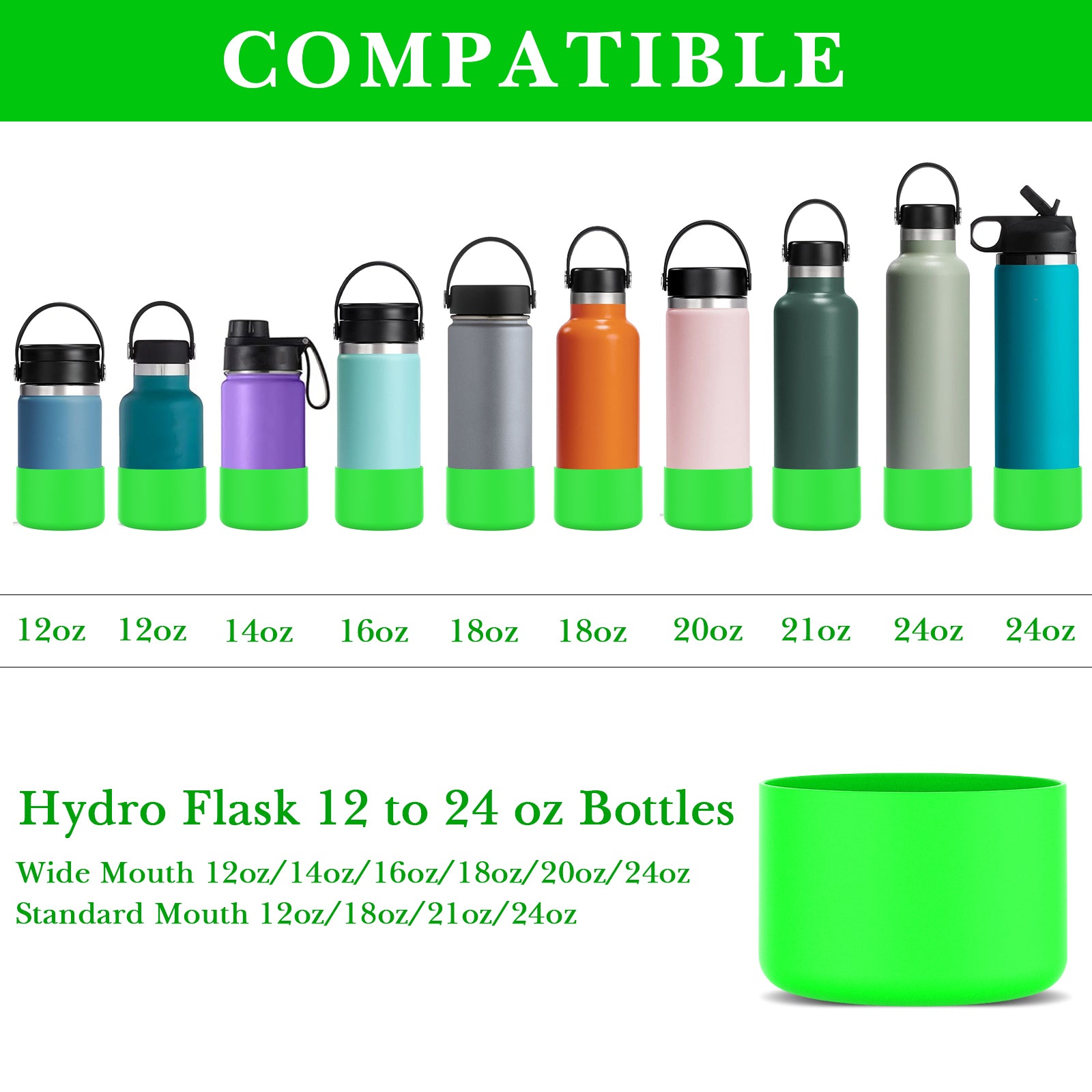 Linkidea 2 Pack Water Bottle Boot Compatible with Hydro Flask Wide Mouth 12oz/14oz/16oz/18oz/20oz, Silicone Bottle Bottom Sleeve Bumper Protector (Green)