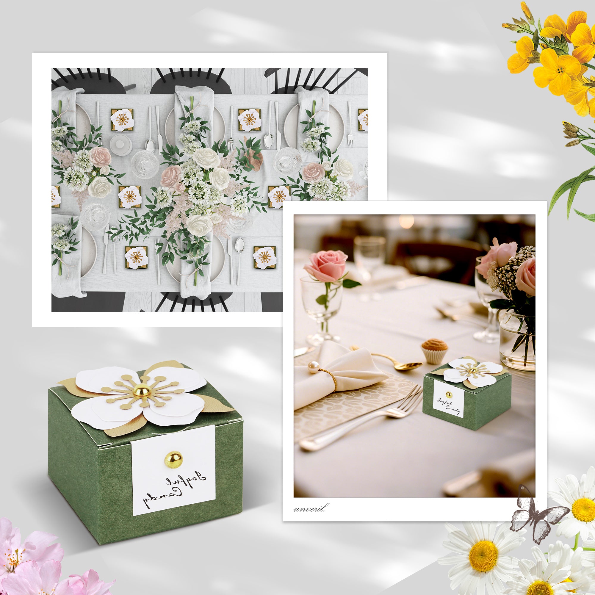 Linkidea 20 Pcs Green Floral Folding Candy Gift Boxes 2.55" x 2.55" x 1.77" for Wedding Favors, Elegant Party Thank You Boxes with Tags