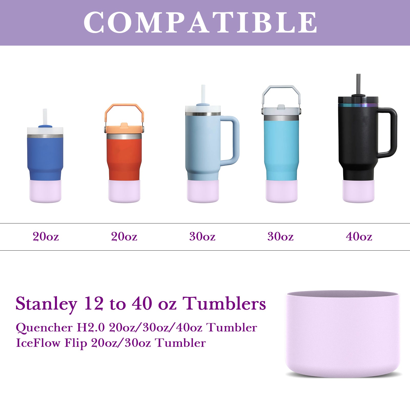 Linkidea 2 Pack Water Bottle Boot Compatible with Stanley Quencher H2.0 20oz/30oz/40oz, IceFlow Flip 20oz/30oz Tumbler, Silicone Bottle Bottom Sleeve Cover Bumper Protector (Orchid)