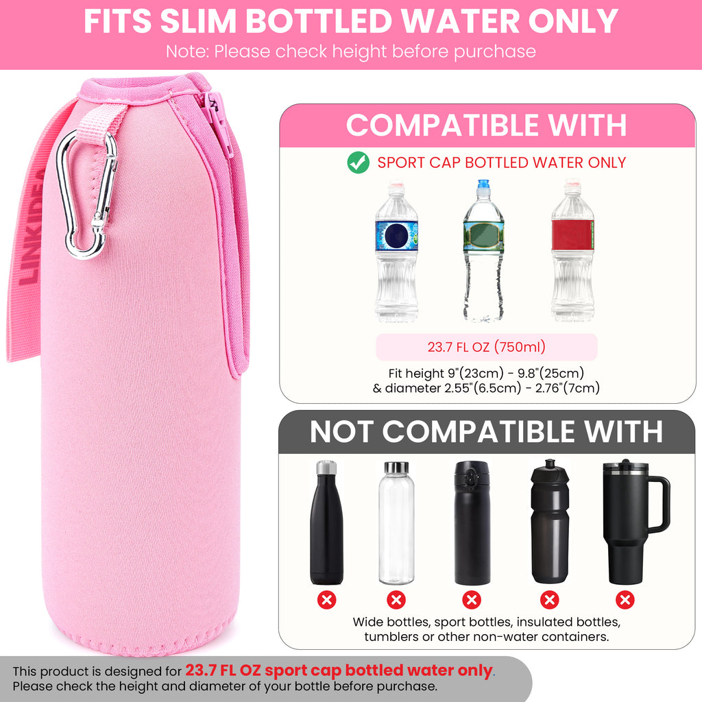 Linkidea Disposable Sport Cap Water Bottle Sleeve Compatible with 23.7 Fl Oz Arrowhead, Insulated Neoprene Plastic Bottled Water Cover with Lockable Zipper, Pink