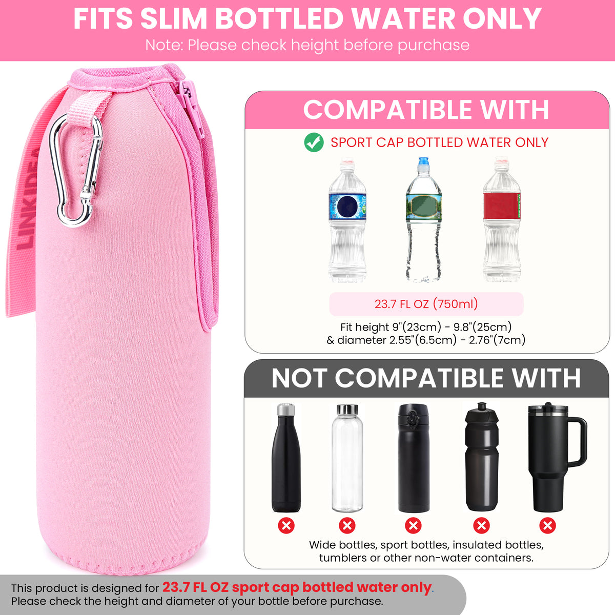 Linkidea Disposable Sport Cap Water Bottle Sleeve Compatible with 23.7 Fl Oz Arrowhead, Insulated Neoprene Plastic Bottled Water Cover with Lockable Zipper, Pink