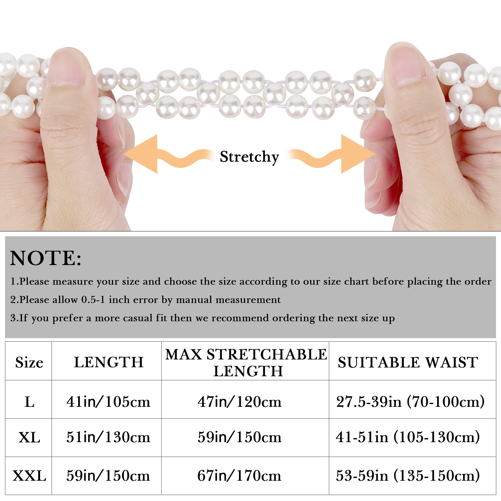 Plus Size Chain Belt for Women, White Pearl Fashion Belly Waist Chains, Stretchable Extra Long Body Chain, 41 Inch Adjustable Chunky Body Accessory (L, White)
