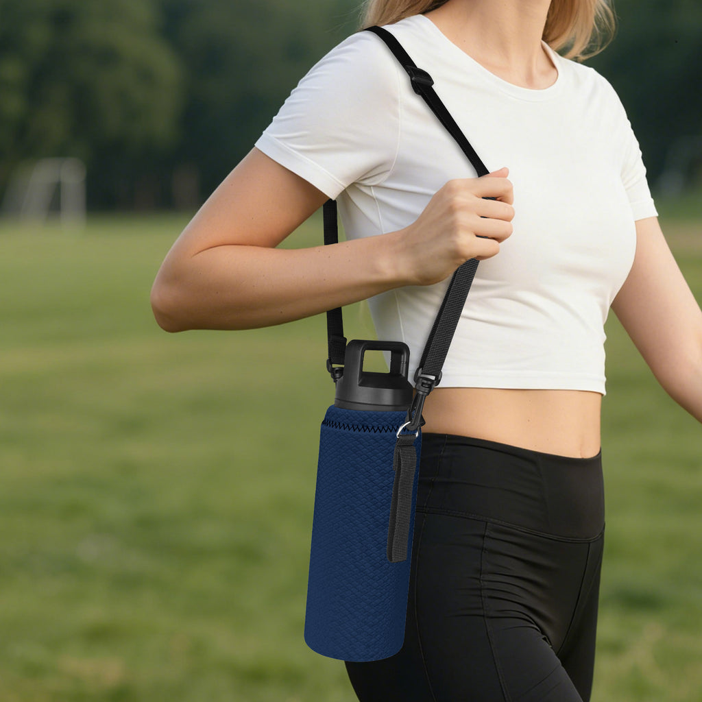 Linkidea Water Bottle Carrier with Strap Compatible with YETI Rambler Bottle 26oz/36oz, Waterbottle Sling Bag Holder with Shoulder Strap, Navy Blue