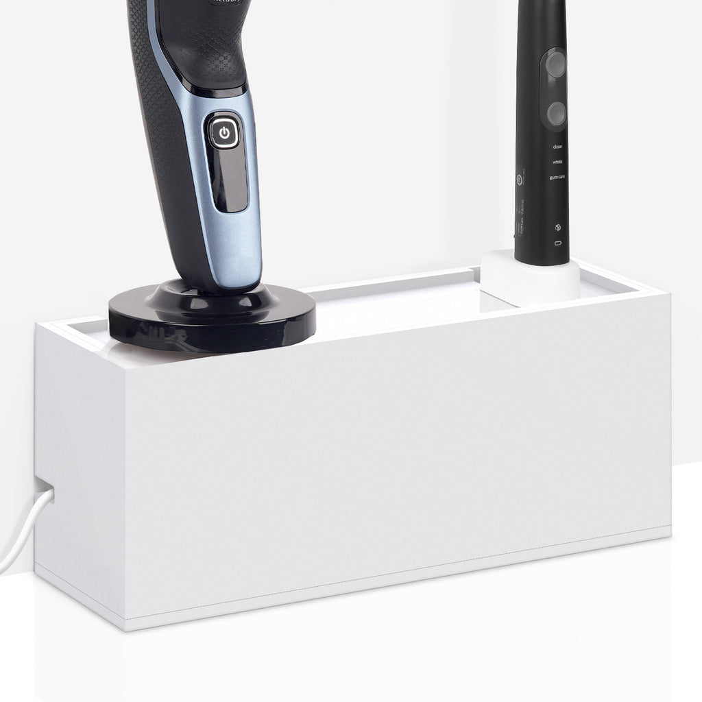 Linkidea Acrylic Bathroom Cord Storage Box, Compatible with Electric Toothbrush and Razor, Waterproof Power Cable Management Holder, Countertop Wire Organizer Container (White)