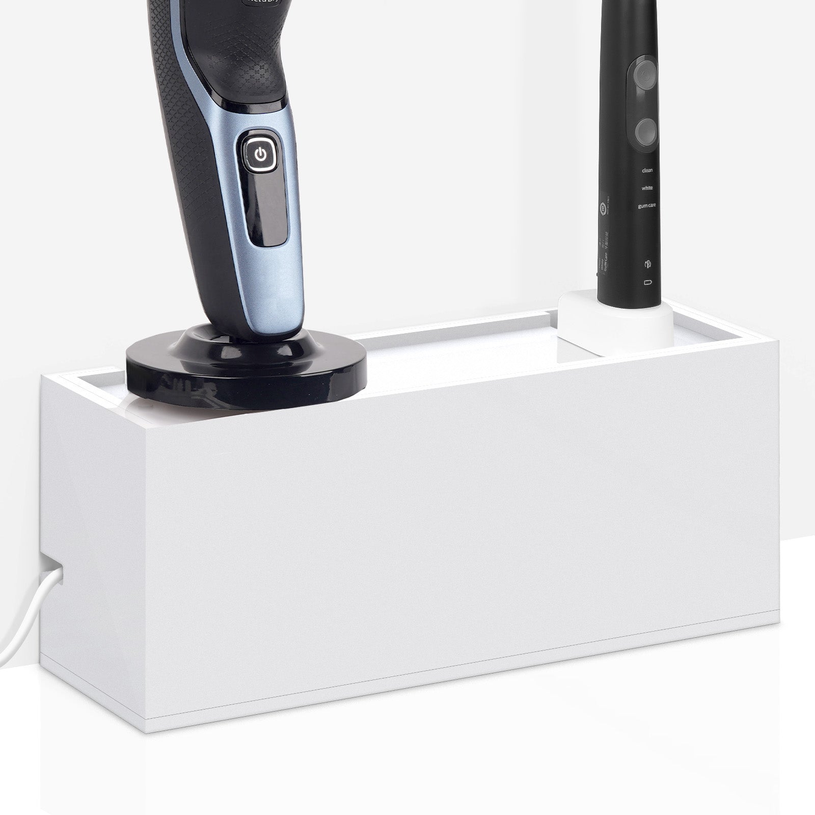 Linkidea Acrylic Bathroom Cord Storage Box, Compatible with Electric Toothbrush and Razor, Waterproof Power Cable Management Holder, Countertop Wire Organizer Container (White)