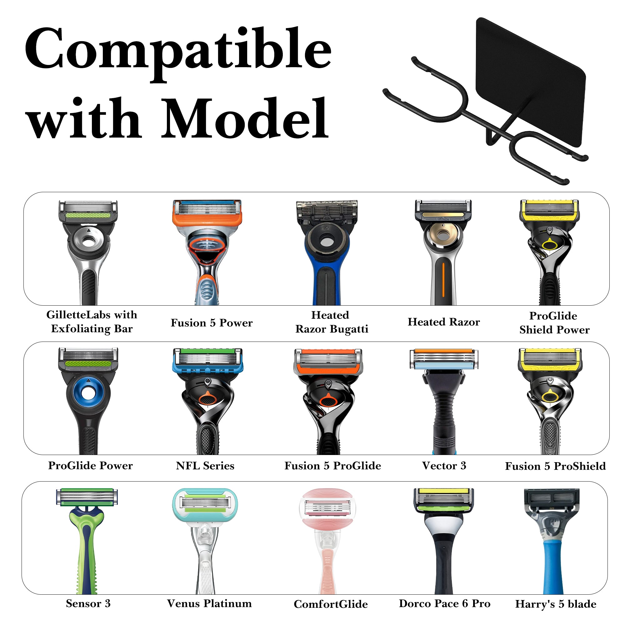 Linkidea Stainless Steel Razor Stand, DE Safety Razor Holder for Wall, Compatible with Gillette Fusion 5, Sensor 3, Labs Special NFL Series, Merkur 23C (Black)
