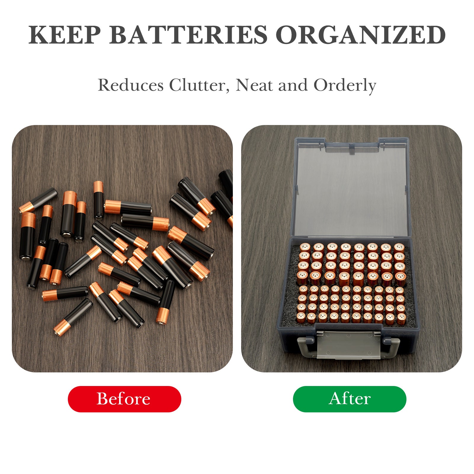 Linkidea Battery Organizer Storage Case with Handle, Single Battery Box Holds Batteries for 24 AA and 30 AAA, Large Capacity and Portable Battery Caddy (Black)