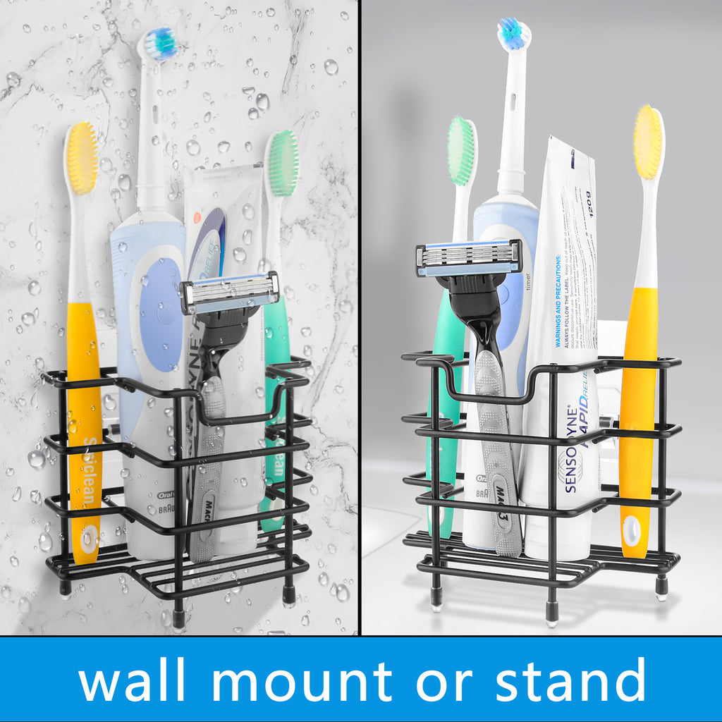 Linkidea 2 Packs Wall Mount Toothbrush Holder for Bathroom, Stainless Steel Tooth Brush Stand for Electric Toothbrush, Razor, Toothpaste, Self Adhesive Countertop 3 Slots Organizer (Black)