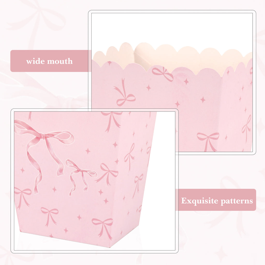 Linkidea 20 Pcs Pink Popcorn Boxes with Bows, Candy Treat Cases for Party Favors, Compact Gift Boxes for Girls Birthday, Cheerleading, Bachelorette Party Supplies
