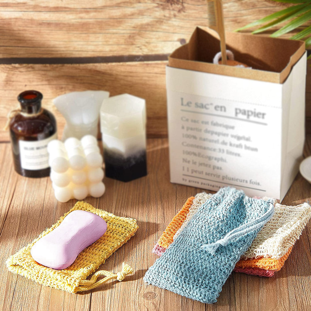 Linkidea 10 Pack Exfoliating Soap Bag Bulk Pack, Wholesale Multi-Pack Color Flax Soap Saver Pouch with Drawstring, Exfoliator Body Scrubber Soap Pocket Holder for Bath Shower