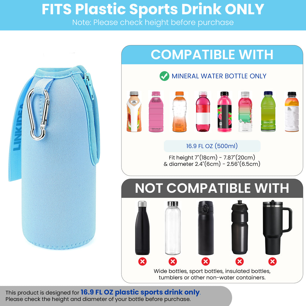 Linkidea 2 Pack Disposable Water Bottle Sleeve Compatible with 16.9 Fl Oz PRIME Hydration, BODYARMOR, Gatorade Fit, Insulated Plastic Sports Drink Cover with Lockable Zipper, Light Blue