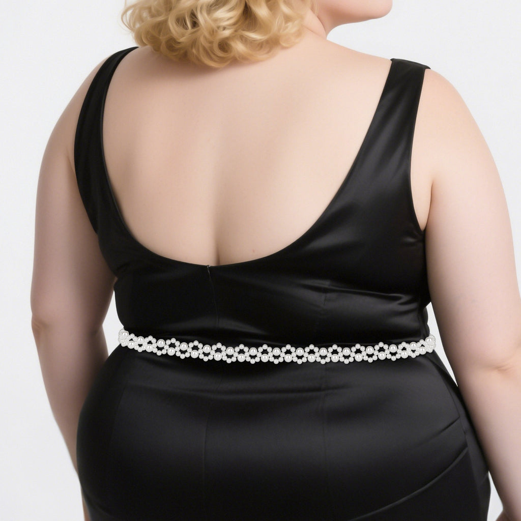 Plus Size Chain Belt for Women, White Pearl Stretchable Extra Long Body Chain, 59 Inch Max Flexible Adjustment Fashion Jewelry Accessory