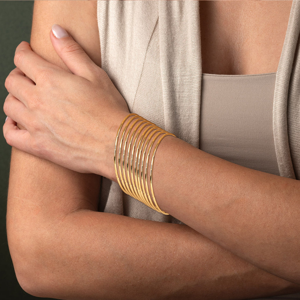 10-Piece Gold-Tone Extra-Large Bangle Set for Women, 2.68" Fixed Round Bracelets, Thin Stackable Textured Bangles for Large Hands, Non-Adjustable
