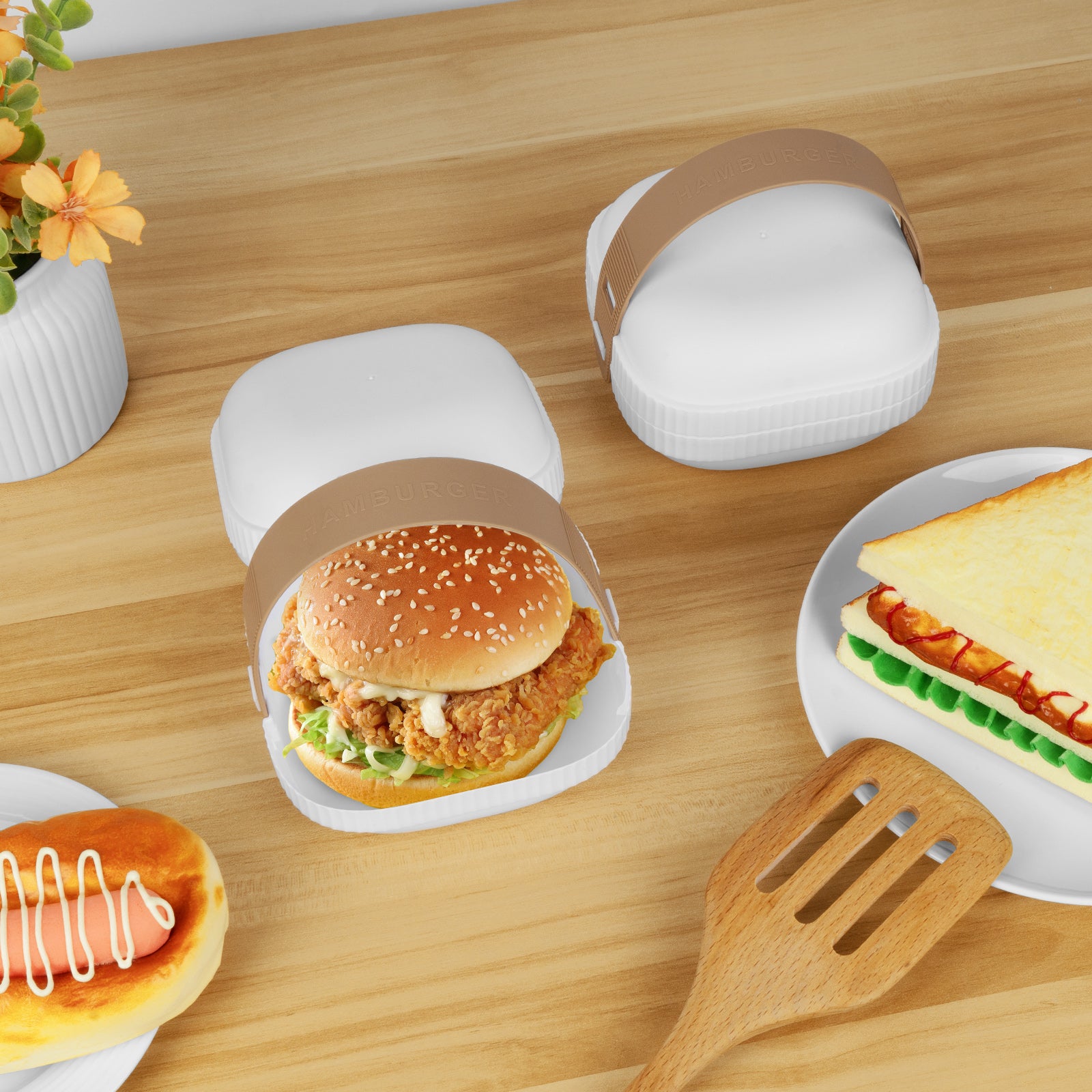 Linkidea 2 Pcs Hamburger Buns Storage Container, Portable Burger Holder with Hand Strap Suitable for Outdoor, Picnic, Work, Burger Box with Cover Fits to Good Burger or Sandwich Use (White)