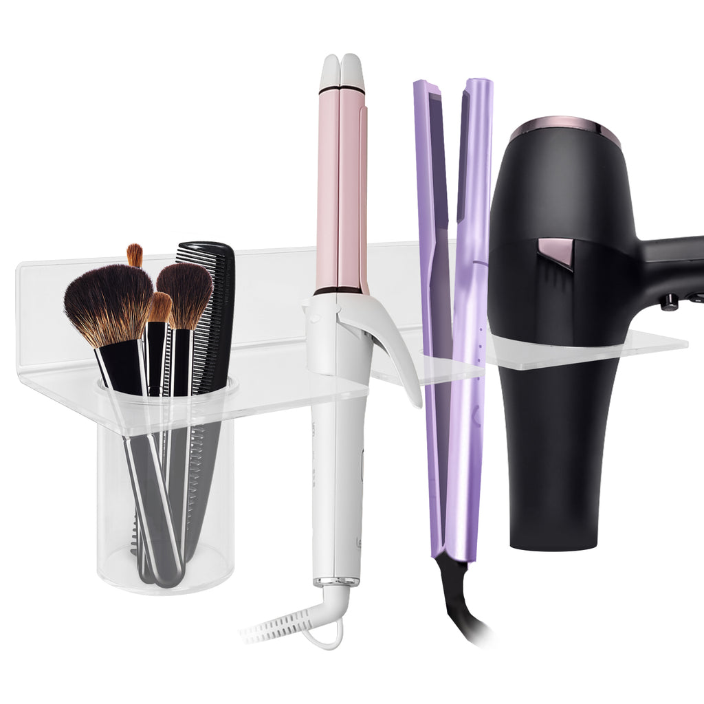 Linkidea Wall Mount Hands Free Blow Dryer Holder, Acrylic Dryer Stand with Storage Cup, Multi-Functional Hair Dryer Rack for Dyson Hair Dryer, Curling Wands, Hair Straighteners (Transparent)