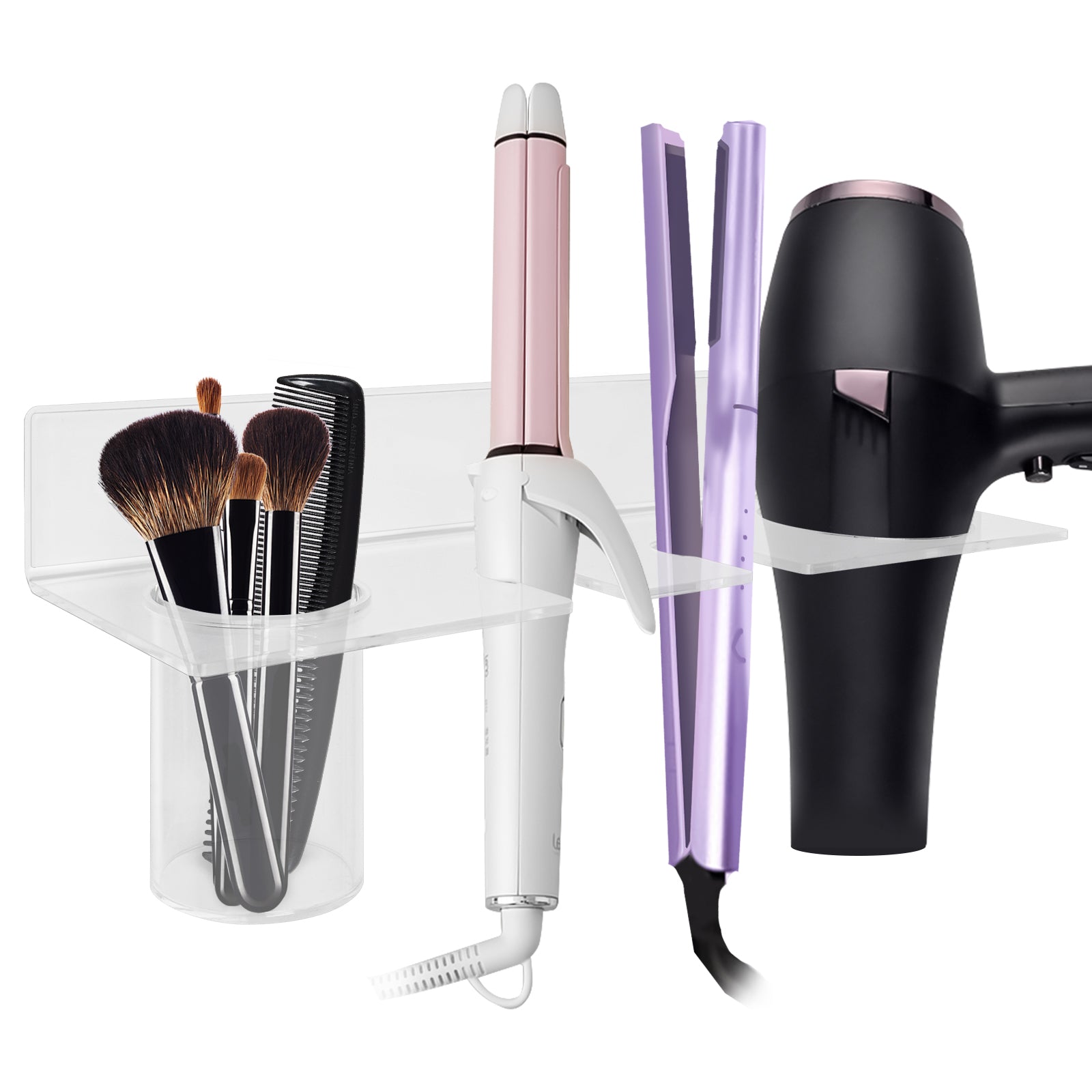 Linkidea Wall Mount Hands Free Blow Dryer Holder, Acrylic Dryer Stand with Storage Cup, Multi-Functional Hair Dryer Rack for Dyson Hair Dryer, Curling Wands, Hair Straighteners (Transparent)