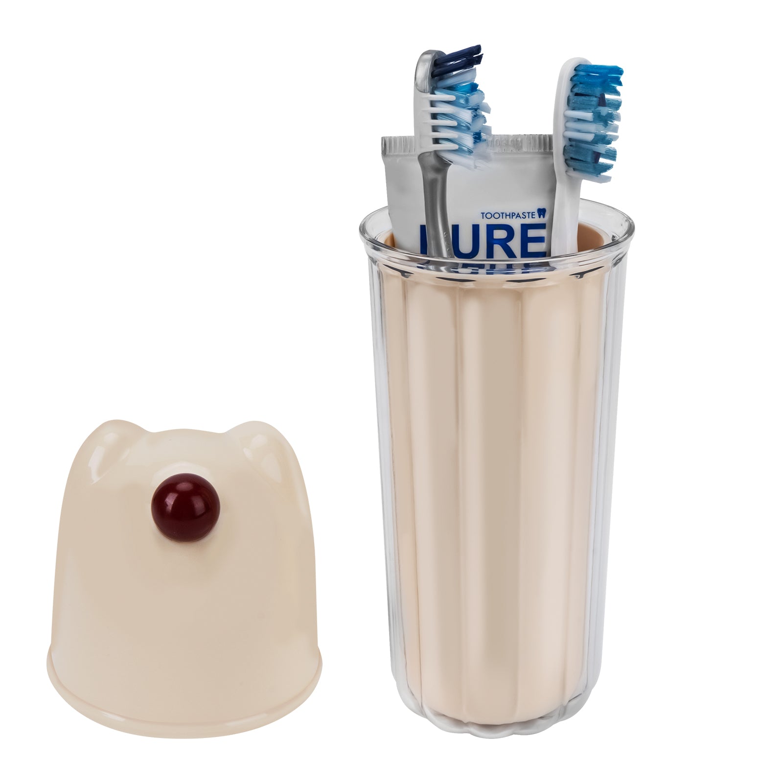 Linkidea Travel Toothbrush Toothpaste Container Cup, 3 in 1 Tooth Brush Holder with Mouthwash Cup, Multifunctional Toothbrush Case Compatible with Colgate Extra Clean, Oral-B CrossAction (Beige)