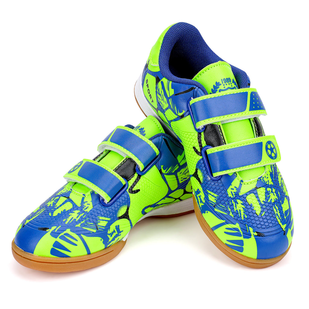Linkidea Kids Laceless Indoor Soccer Shoes, Rubber Outsole Anti-Slip Sneaker, Futsal Training Cleats for Boys and Girls (Green)