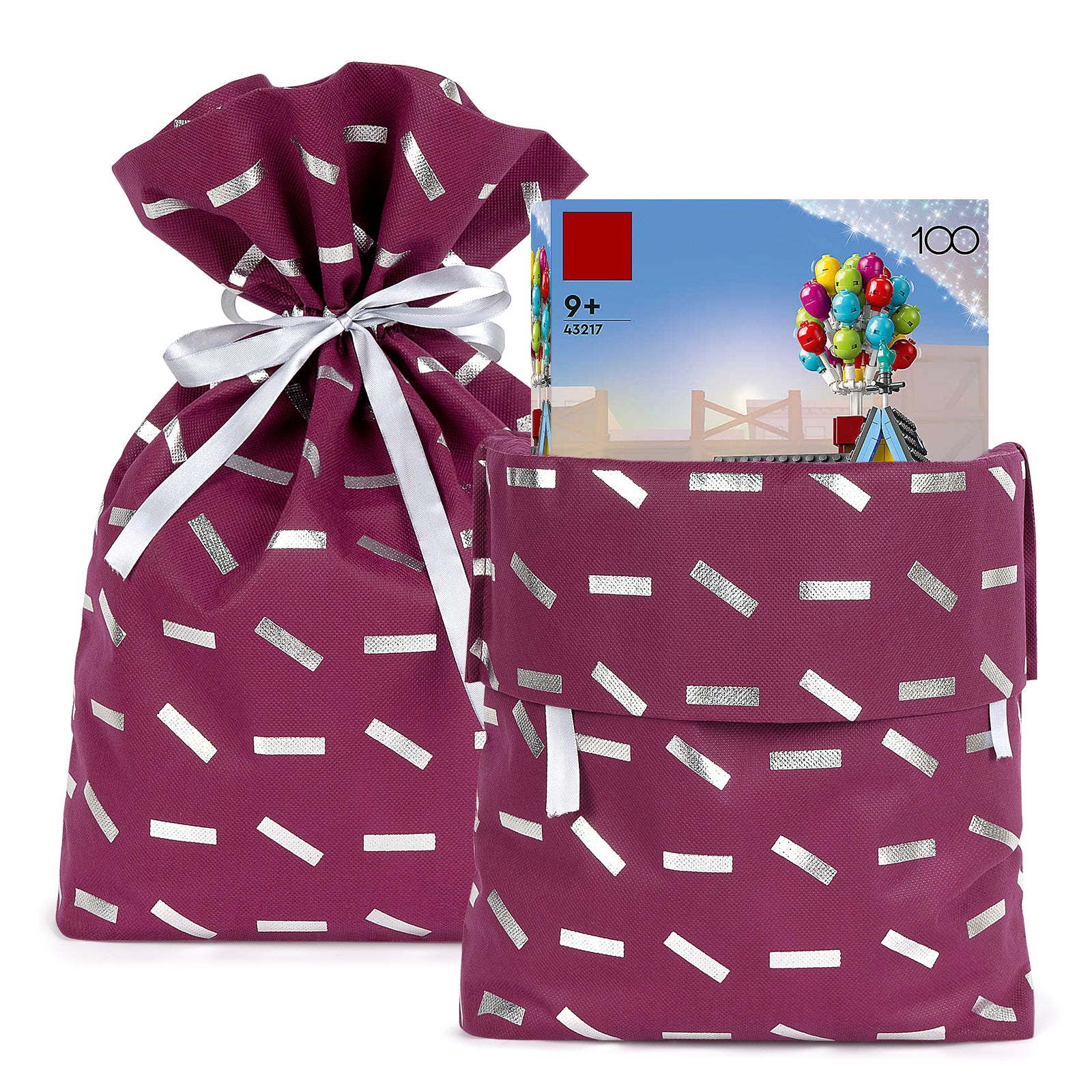 Linkidea 4 Pack Reusable Drawstring Gift Bags, Present Storage Bag for Birthday, Christmas, Non-Woven Fabric Gift Wrap Tote Bag for Kids Party Compatible with LEGO Toys (Size L/ Purple)