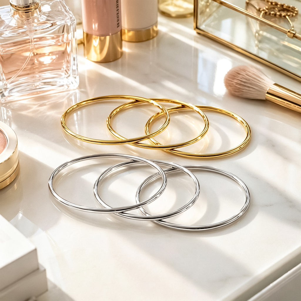 Plus Size Bangle Bracelets Set for Women, Set of 6 Stainless Steel Extra Large Round Gold & Silver Bangles Fashion Accessories, 9.8 Inches (XXL)