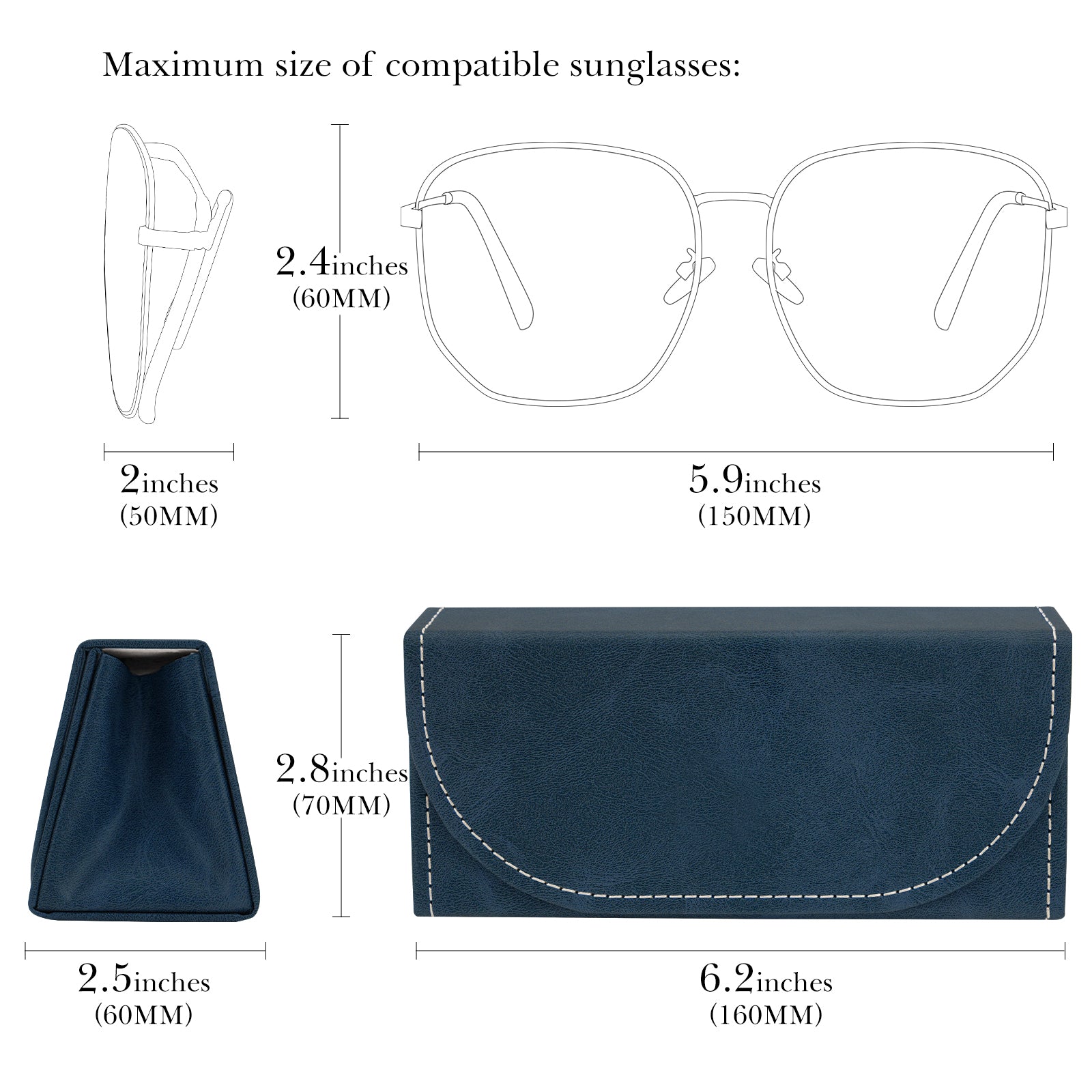 Extra Large Sunglasses Pouch Case, Blue Vegan Leather Eyewear Organizer Soft Bag Compatible with Rayban RB4401D/RBS0101S/RB8097/RB8089/RB4098