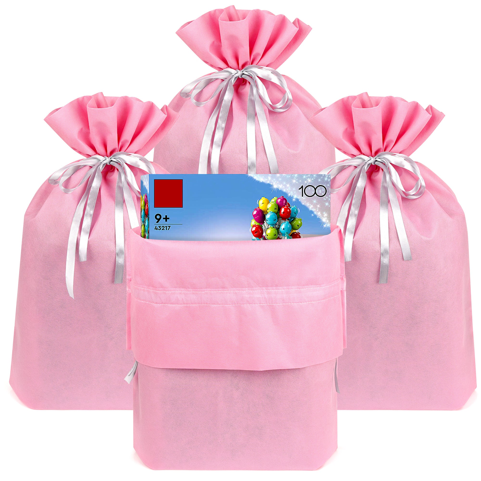 Linkidea 4 Pack Reusable Drawstring Gift Bags, Fabric Party Favor Bags for Birthday, Christmas & Holiday, Toy Storage Pouch for Building Blocks, Bricks & Goodie Bags (Pink)