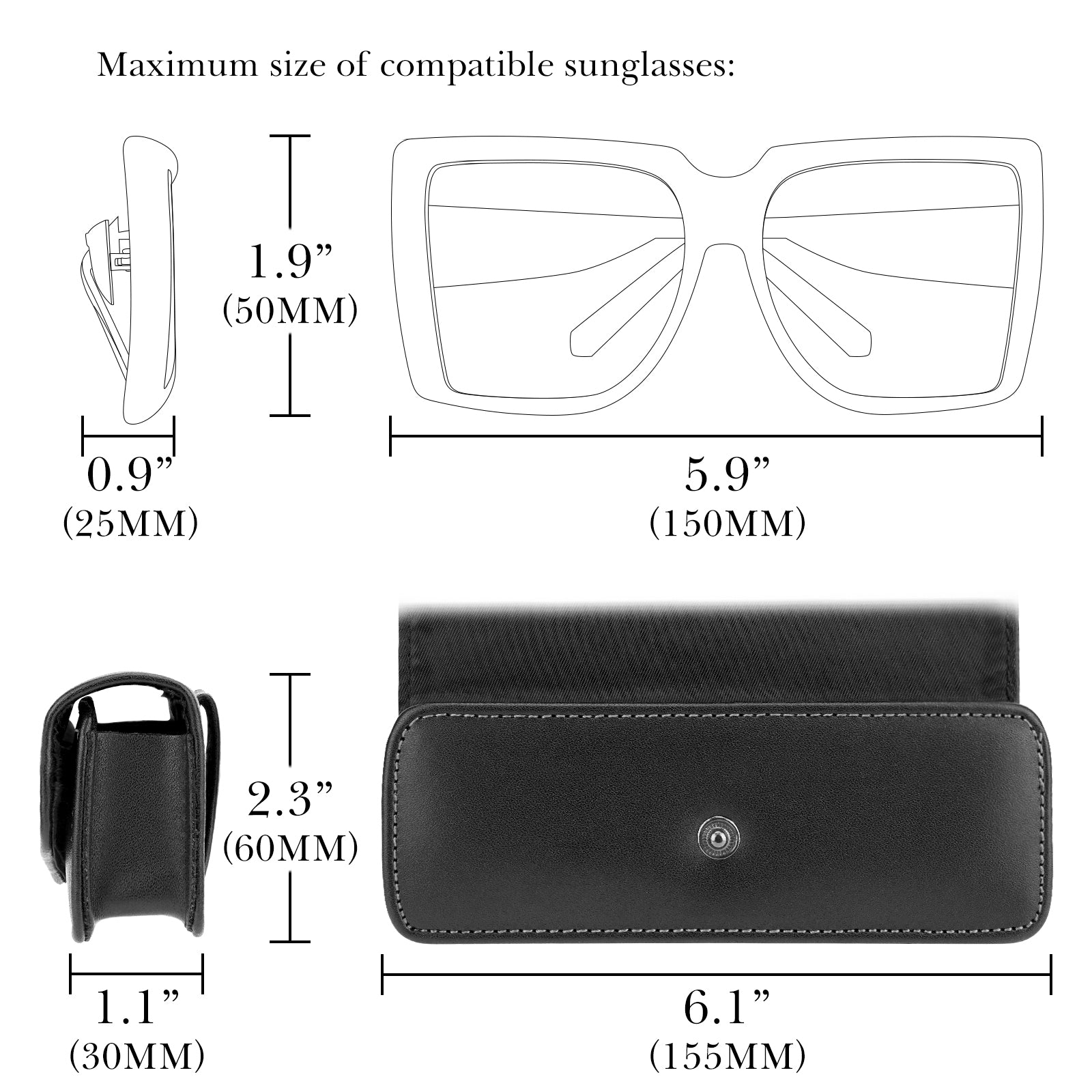 Hard Shell Eyeglasses Case, Black Vegan Leather Portable Eyewear Storage Bag Compatible with Reading Nearsighted Glasses, Can Wear a Belt